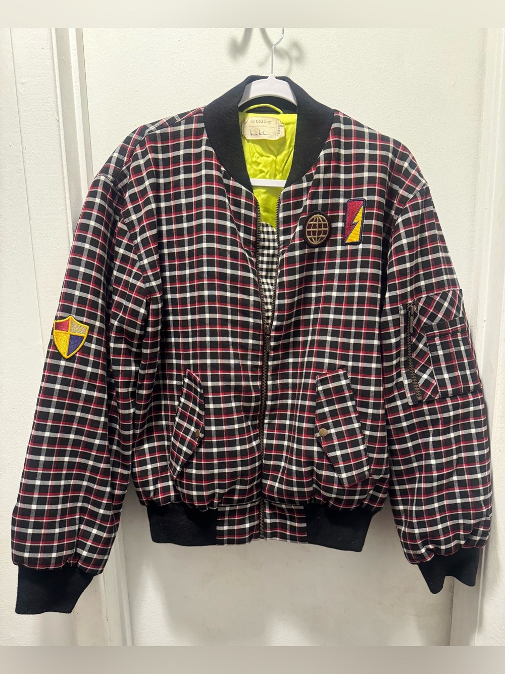 Nicole Miller Black and Red Plaid Bomber Jacket with Patches